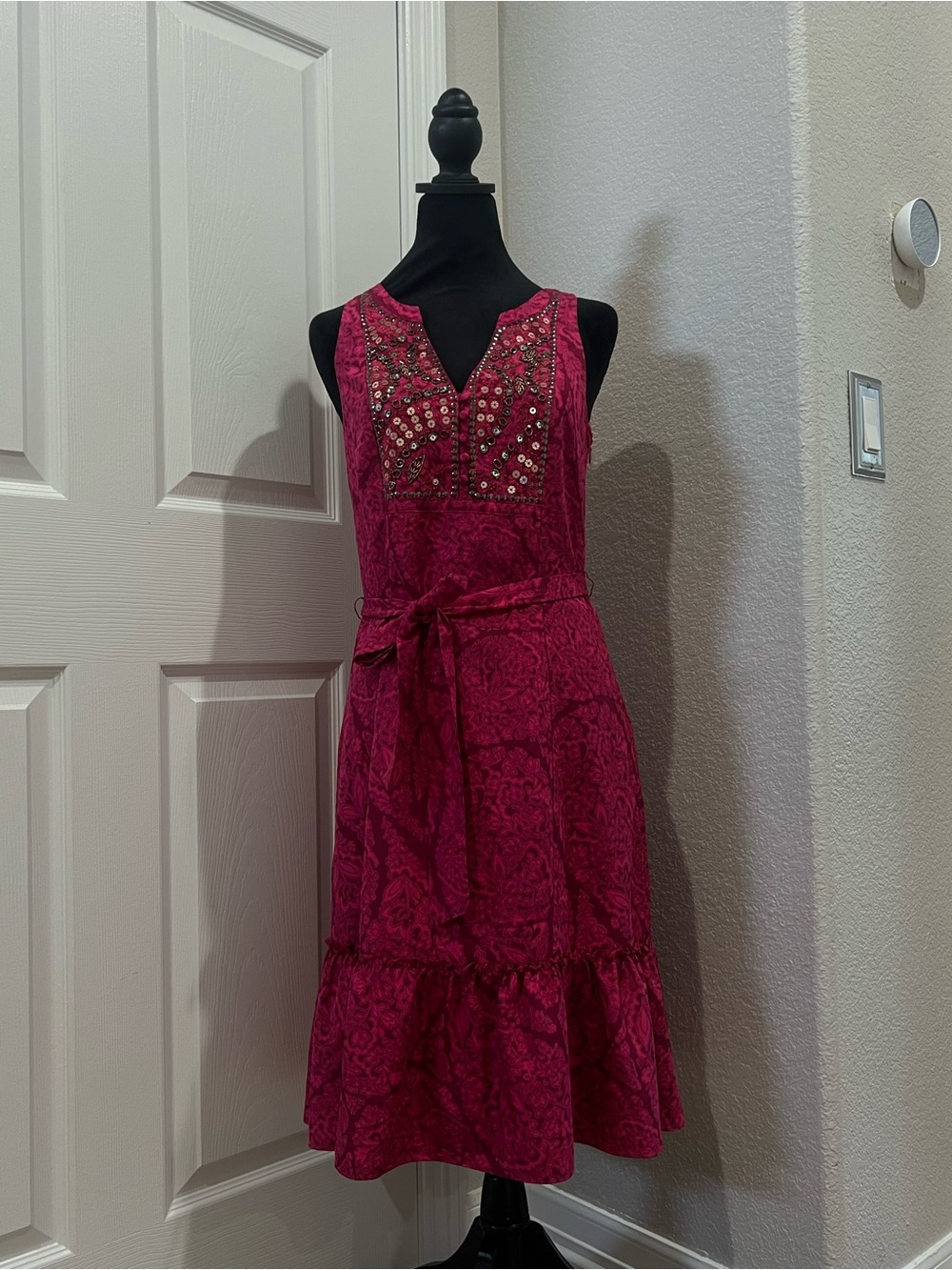 Fuchsia Pink Embellished Sleeveless Dress | Beaded Detail | Tie Waist | XS/S